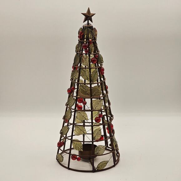 Vintage Beaded Christmas Tree Tealight Holder-Festive Ivy & Berries Metal Décor - Picture 2 of 10